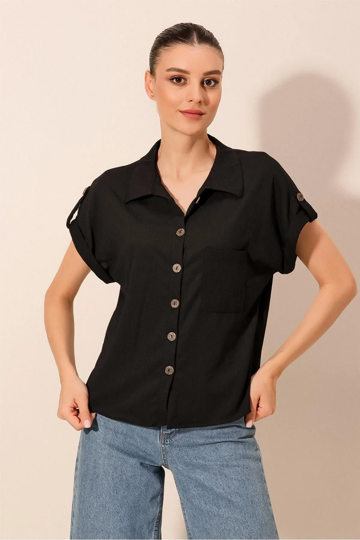 Bigdart  20187 Kurzärmliges Oversize-Strickhemd - Schwarz