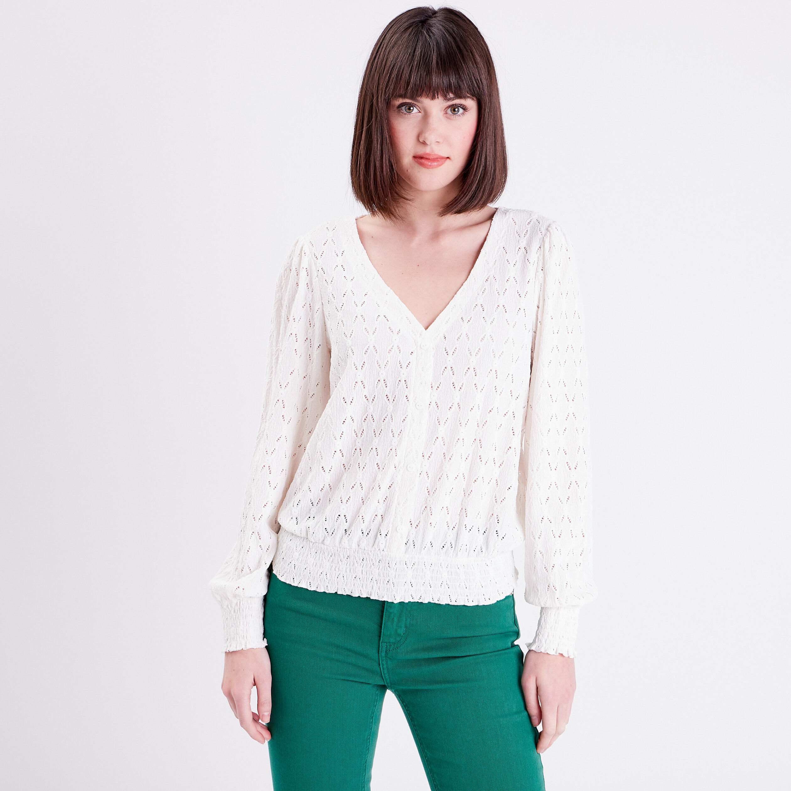 T-shirt manches longues ajouré ecru femme | Cache Cache