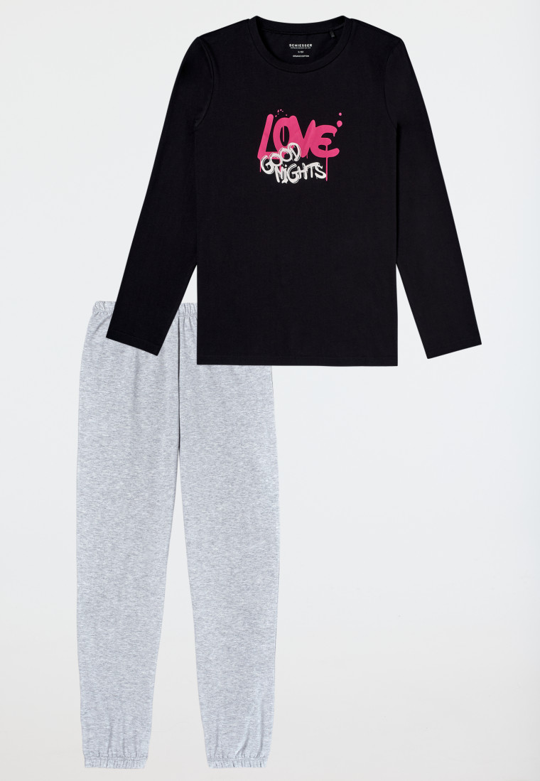 Schlafanzug lang Bündchen schwarz - Nightwear