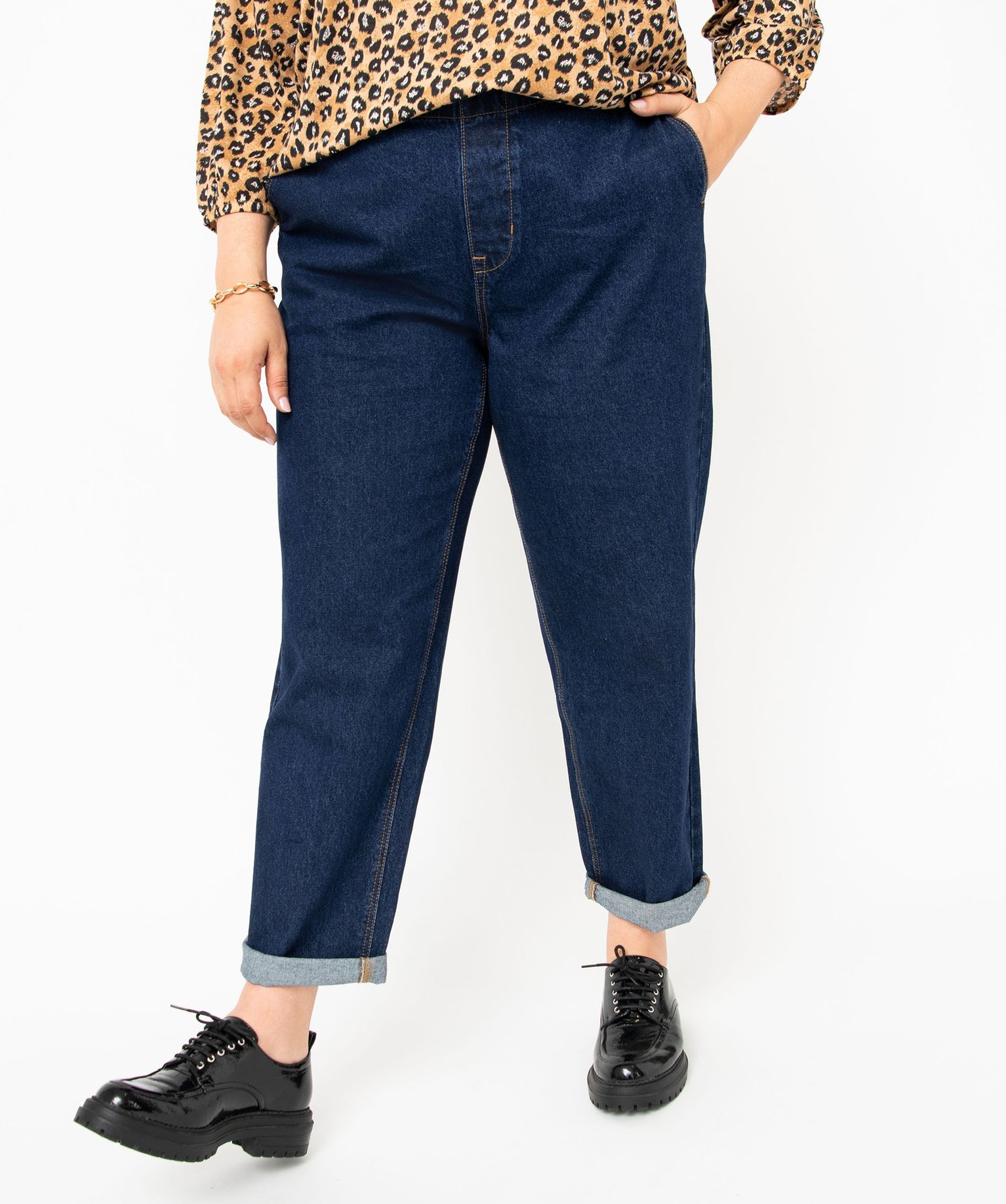 Jean femme grande taille délavé coupe mom taille élastiquée brut | GEMO