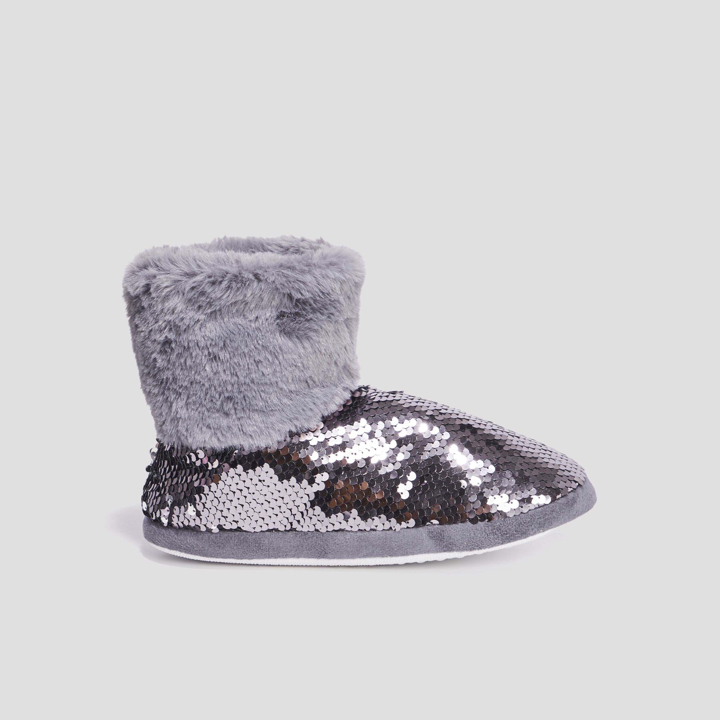 Chaussons bottines sequins et fourrure gris femme | La Halle