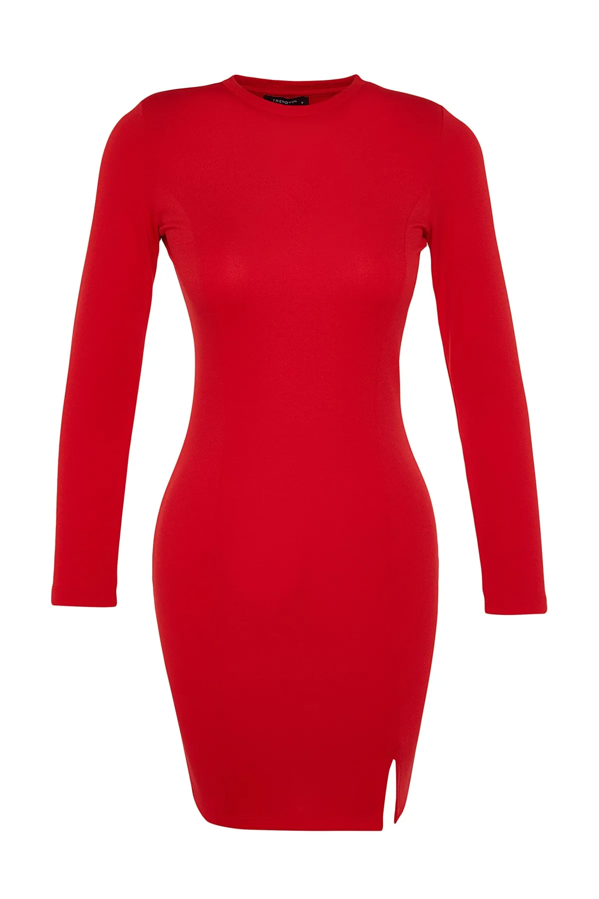 Trendyol Collection  Rotes, elegantes, figurbetontes, flexibles Mini-Strickkleid aus strukturiertem Krepp mit Rundhalsausschnitt TWOAW24EL00176