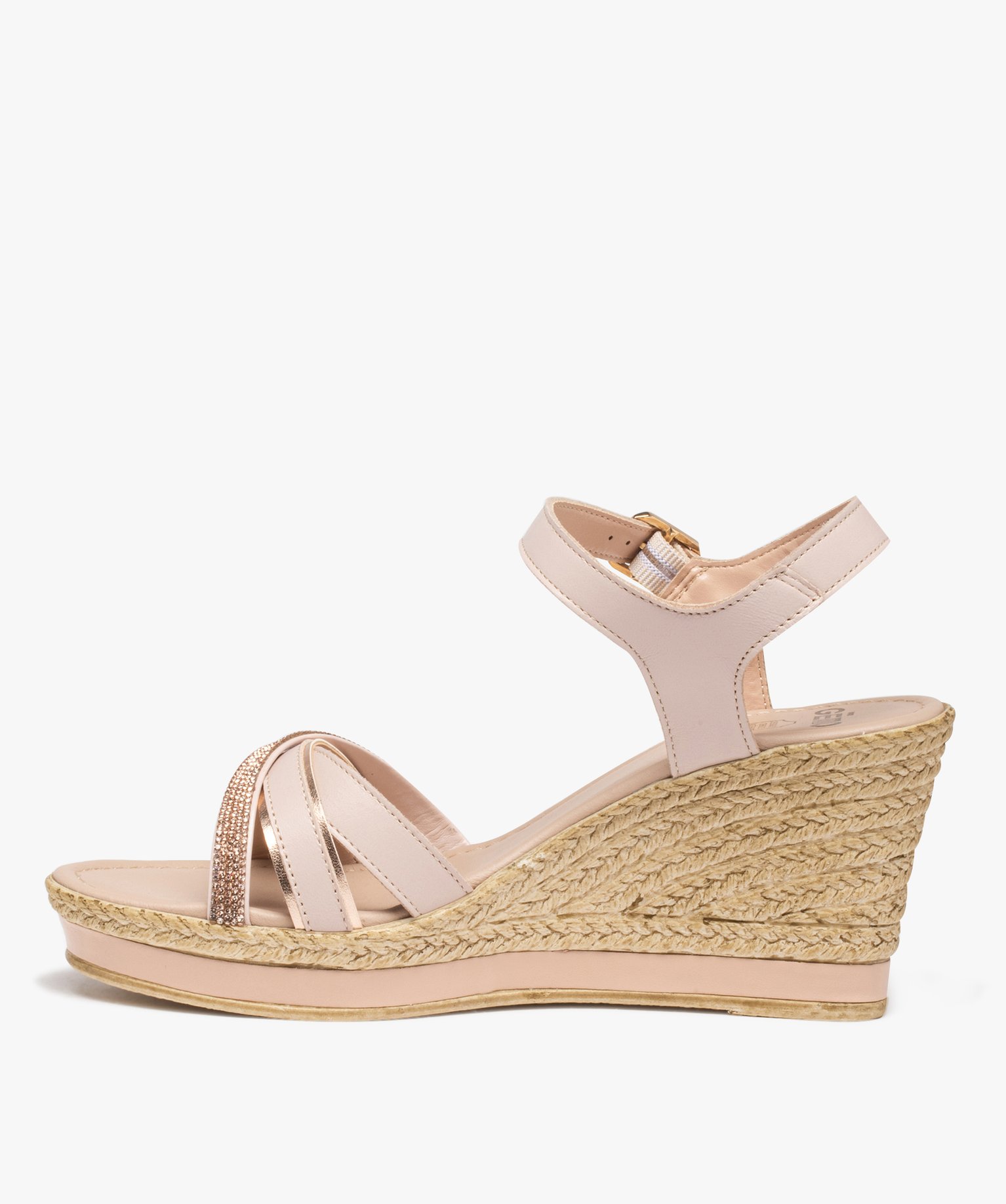 Sandales femme compensées à brides en cuir et strass rose | GEMO
