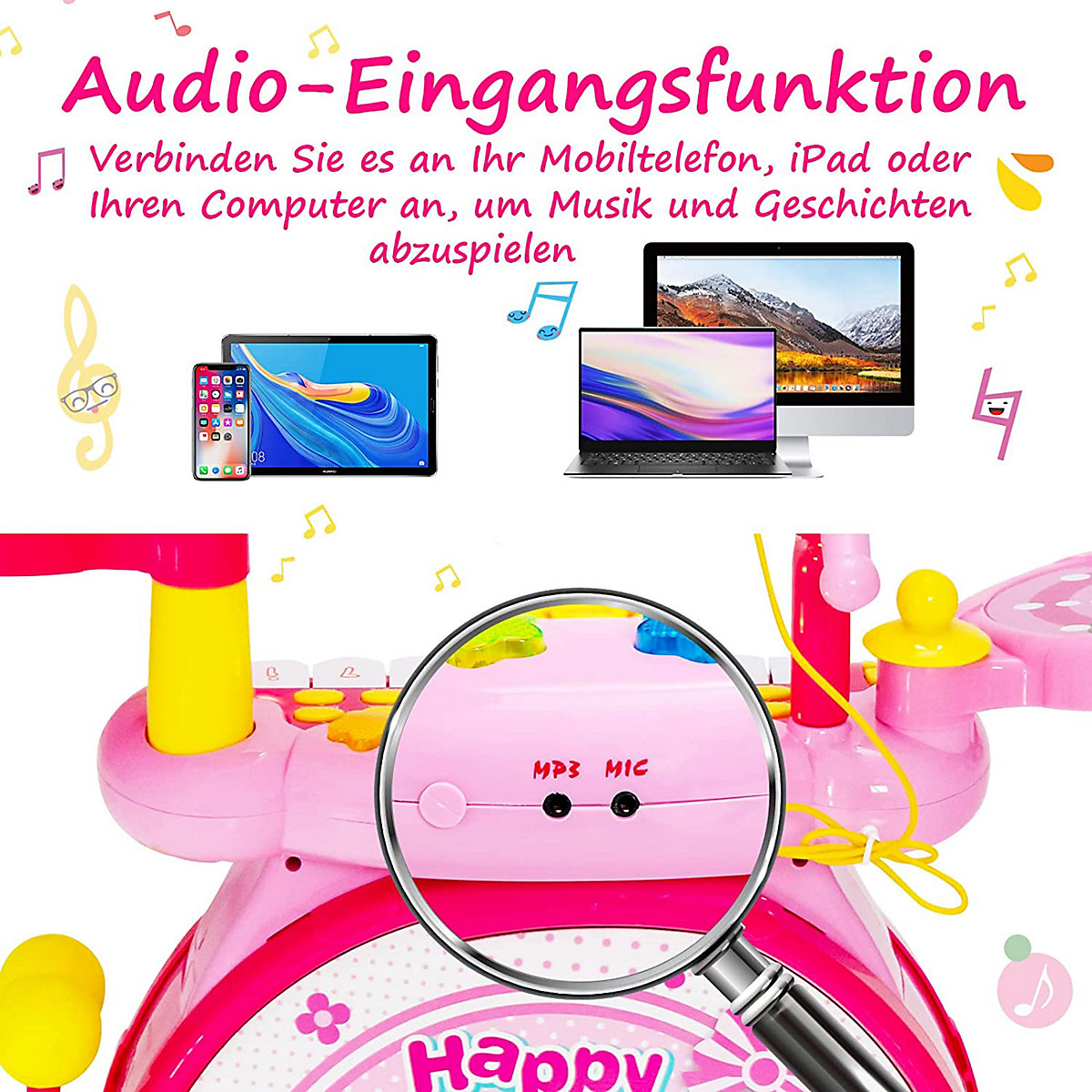E Trommel mit Keyboard mit Hocker & Mikrofon & LED