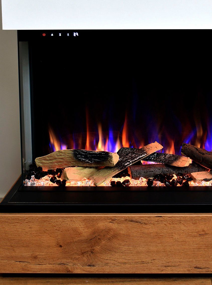 GLOW FIRE Elektrokamin Einstein rechts E-Motion 3D LED, täuschend echte Flamme mit Heizung, Kristall- und Holz Dekoration