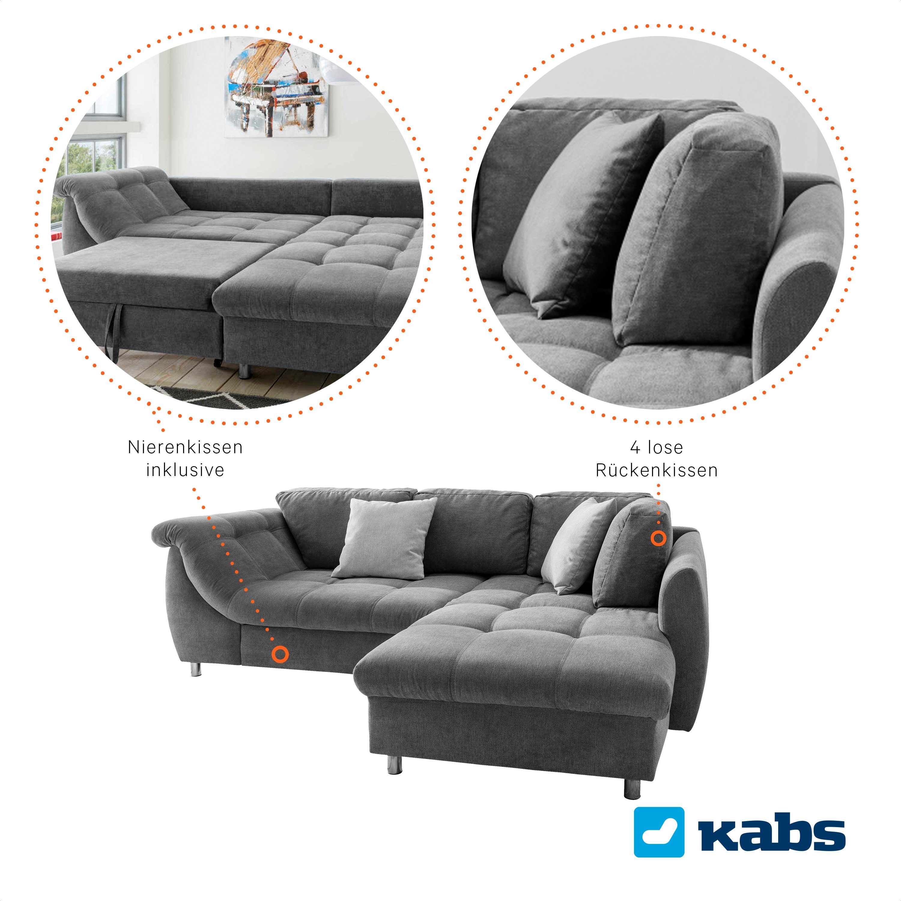 Kabs Polsterwelt Ecksofa Brunson, Schlaffunktion, Zierkissen, Maße: B x H x T: ca. 253 x 84 x 190 cm