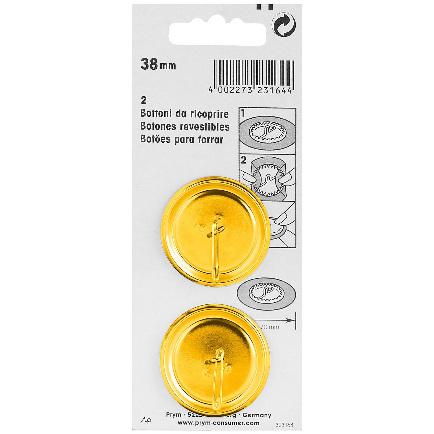 Prym Überziehbare Knöpfe, Größe: 38 mm Ø, Inhalt: 2 Stück