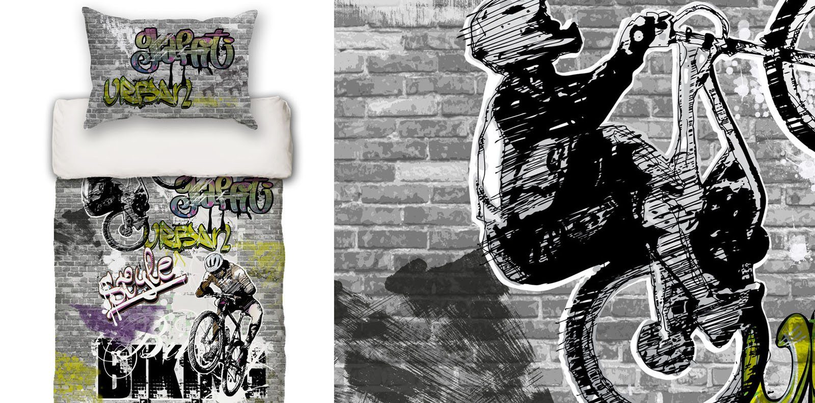 Jugendbettwäsche Graffiti, beties, 100% feinste Baumwolle, 2 teilig, Wendebettwäsche-Set ca. 135x200 cm + 80x80 cm Graffiti-Move