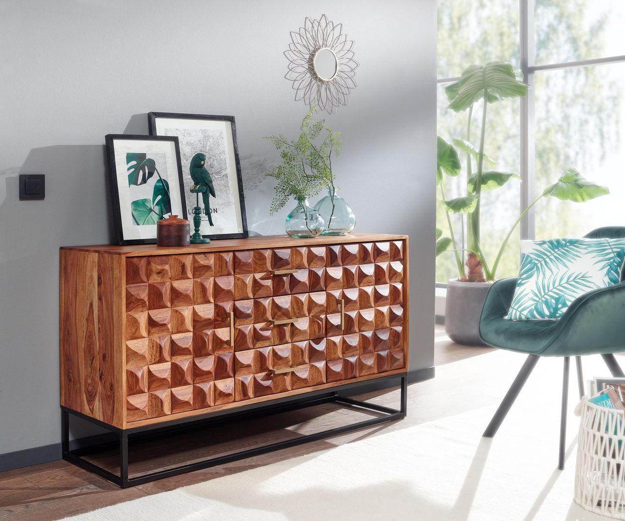 Skyport WOHNLING Sideboard 145x81x45 cm Holz Massiv Kommode Anrichte Modern Standschrank
