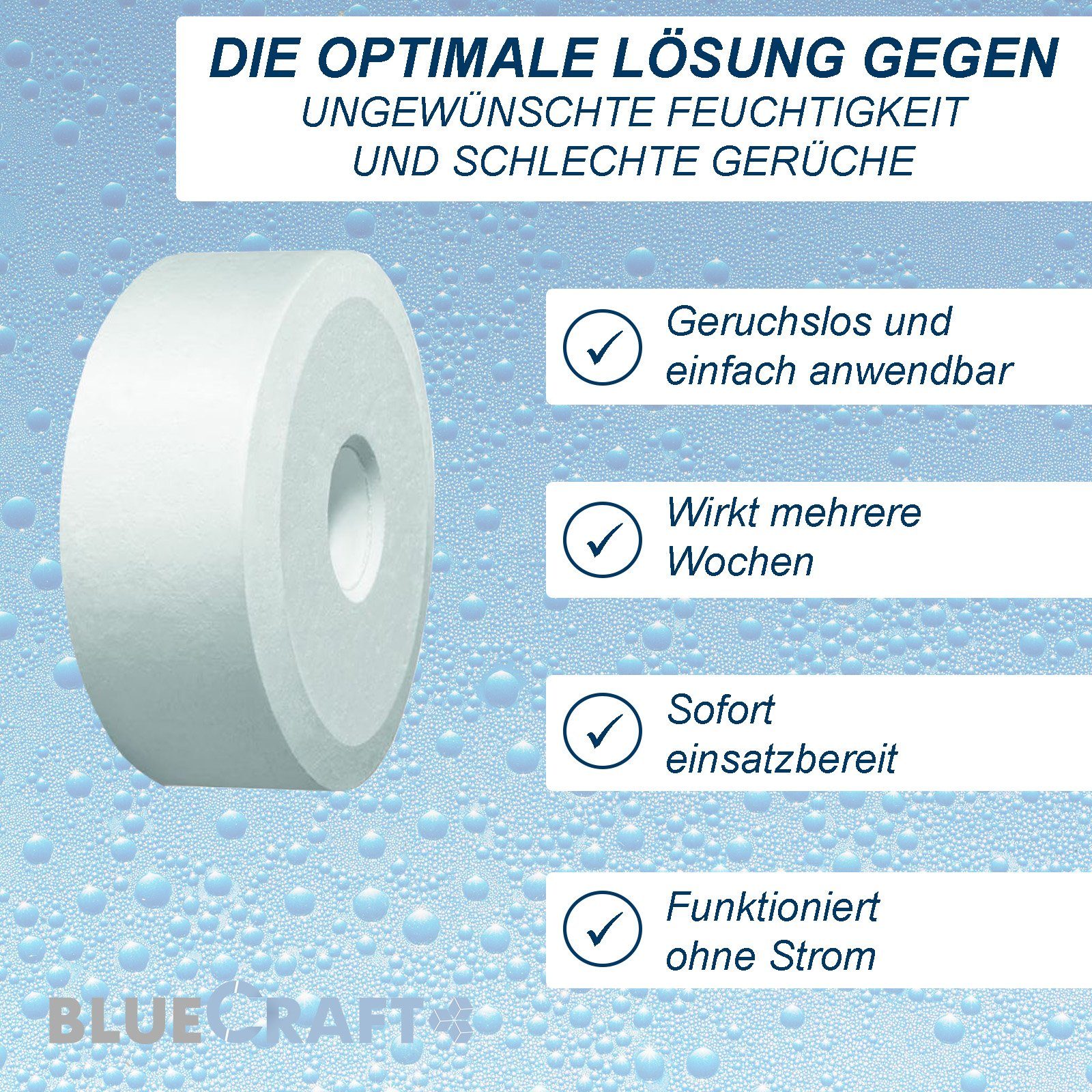 BlueCraft Luftentfeuchter-Nachfüllpack Nachfüller Schlafzimmer Wohnung gegen Schimmel, Entfeuchter Granulat Tabs mit Loch 8x 425g für Raumentfeuchter