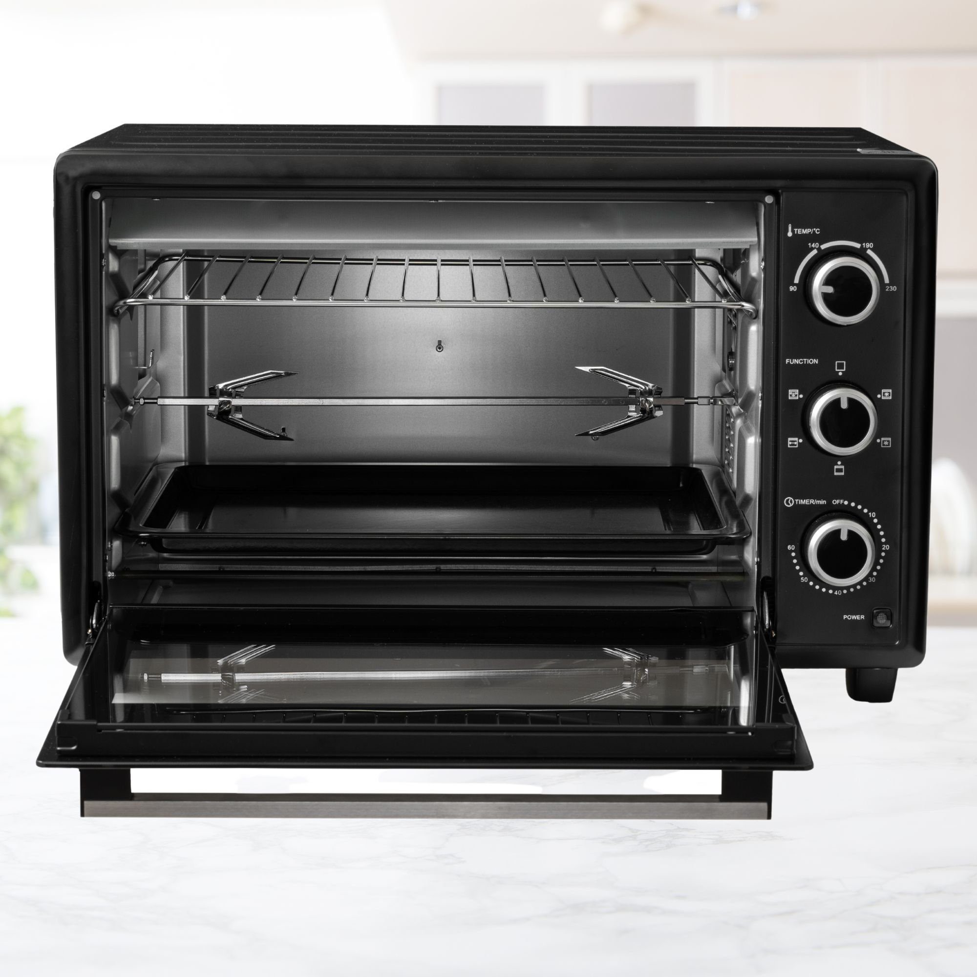 ICQN Minibackofen 50L mit Umluft, 1800 W, Drehspieß, Innenbeleuchtung, Pizzaofen, 60 Min Timer, inkl. Backblech Set, Mini-Ofen