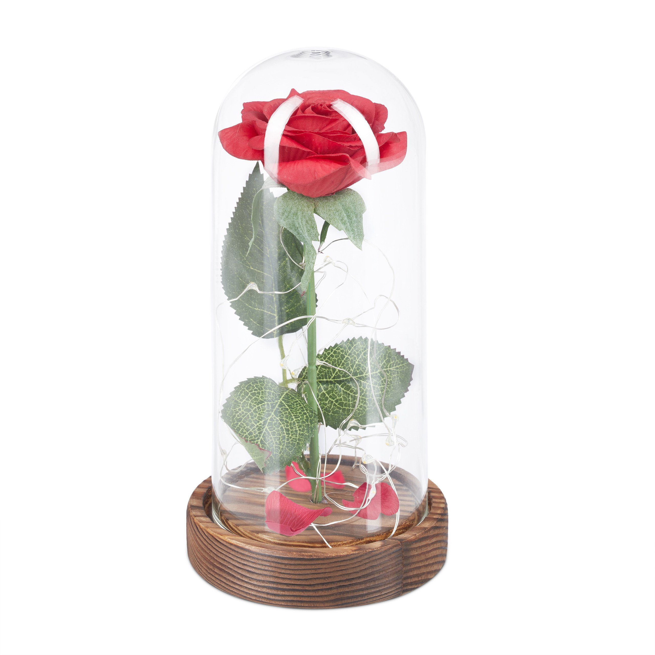 Kunstblume Ewige Rose im Glas mit Licht, relaxdays, Höhe 22 cm