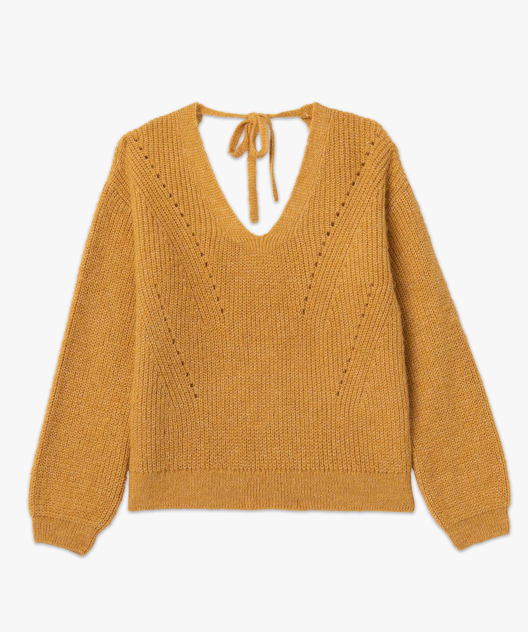 Pull femme en grosse maille à double col V jaune | GEMO