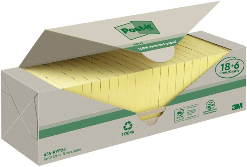Post-it Recycelte Haftnotizen 76 x 76 mm Kanariengelb 100 Blatt Vorteilspackung 18   6 Gratis