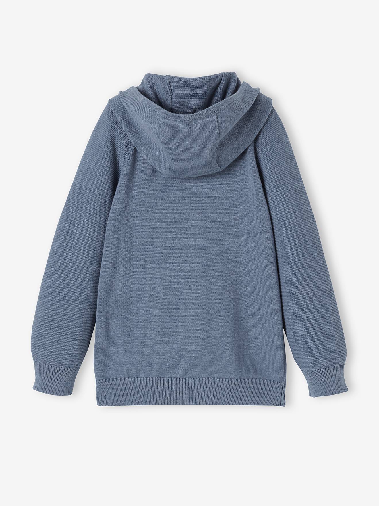 Gilet à capuche manches point mousse garçon bleu