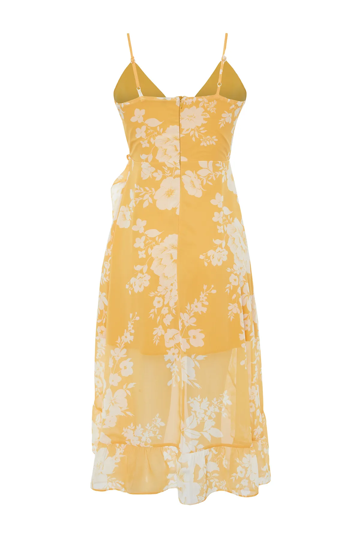 Trendyol Collection  Gelbes, zweireihiges, mit Rüschen versehenes, detailliertes Träger-Midi-Kleid mit Chiffon-Futter und Webstoff TWOSS19EL0375