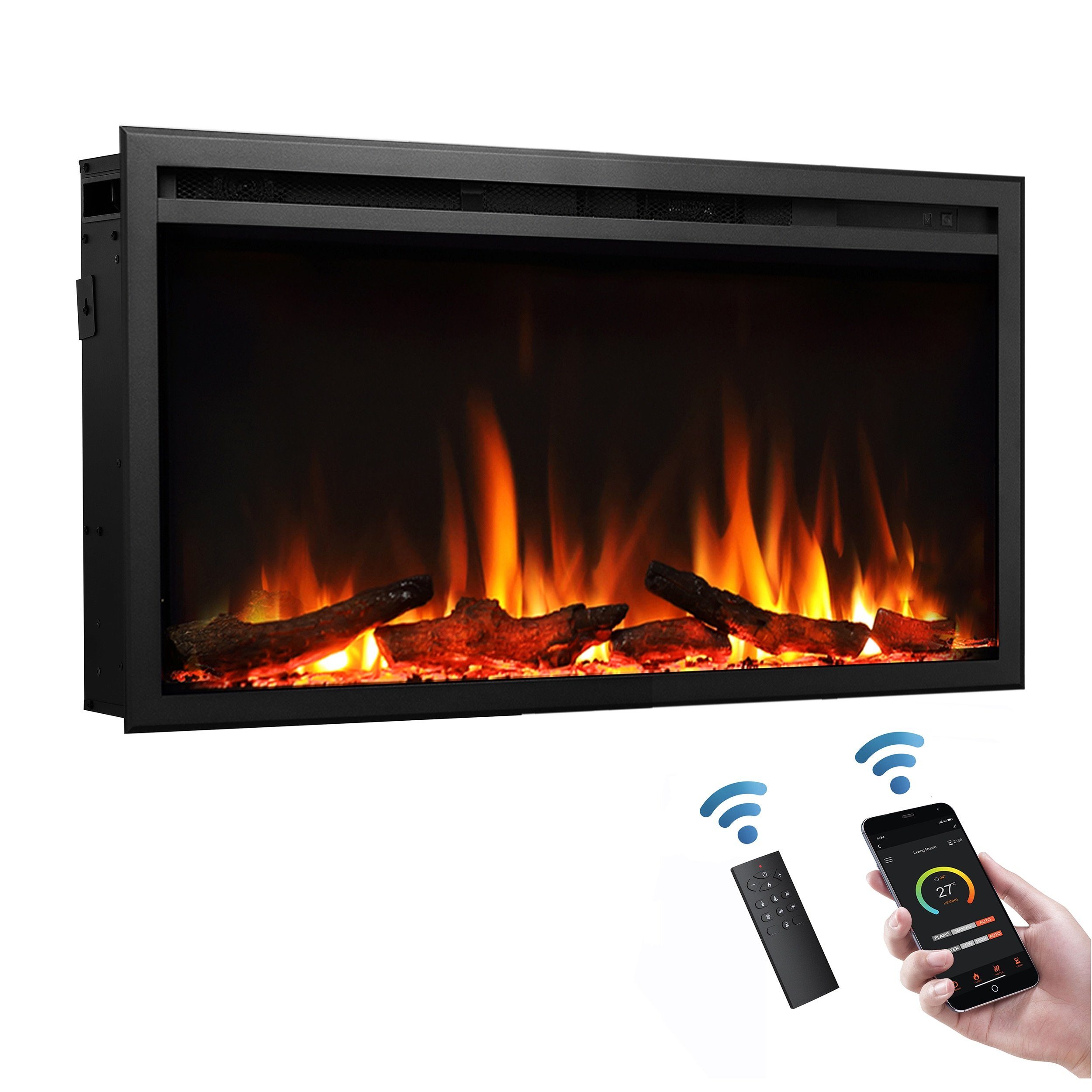 RICHEN Elektrokamin Atalanta, Einbaukamin mit Heizung 2000W, 3D-Flammeneffekt, integrierte Knisterfunktion, Fernbedienung, Timer, Thermostat