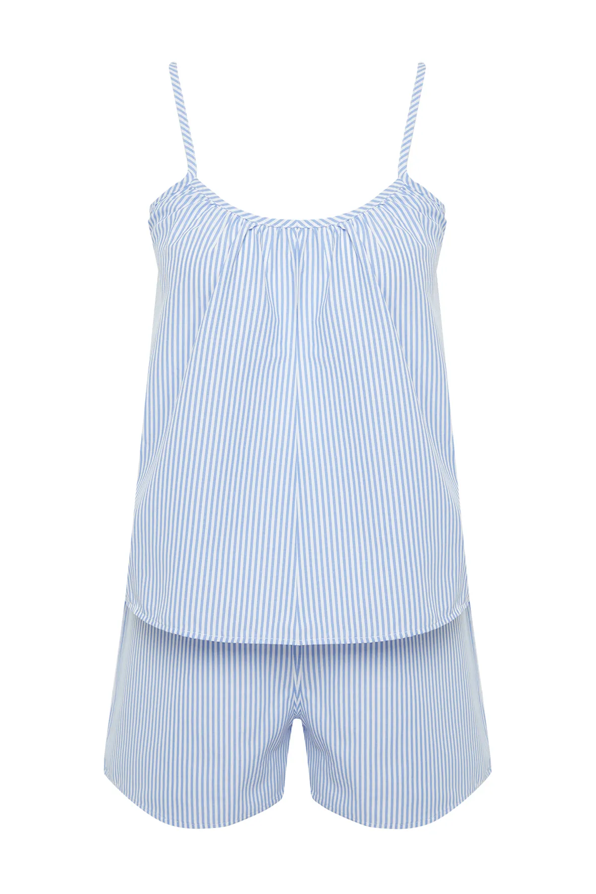Trendyol Collection  Blaues Pyjama-Set aus gestreiftem Baumwollpopeline mit Seilriemen THMSS24PT00049