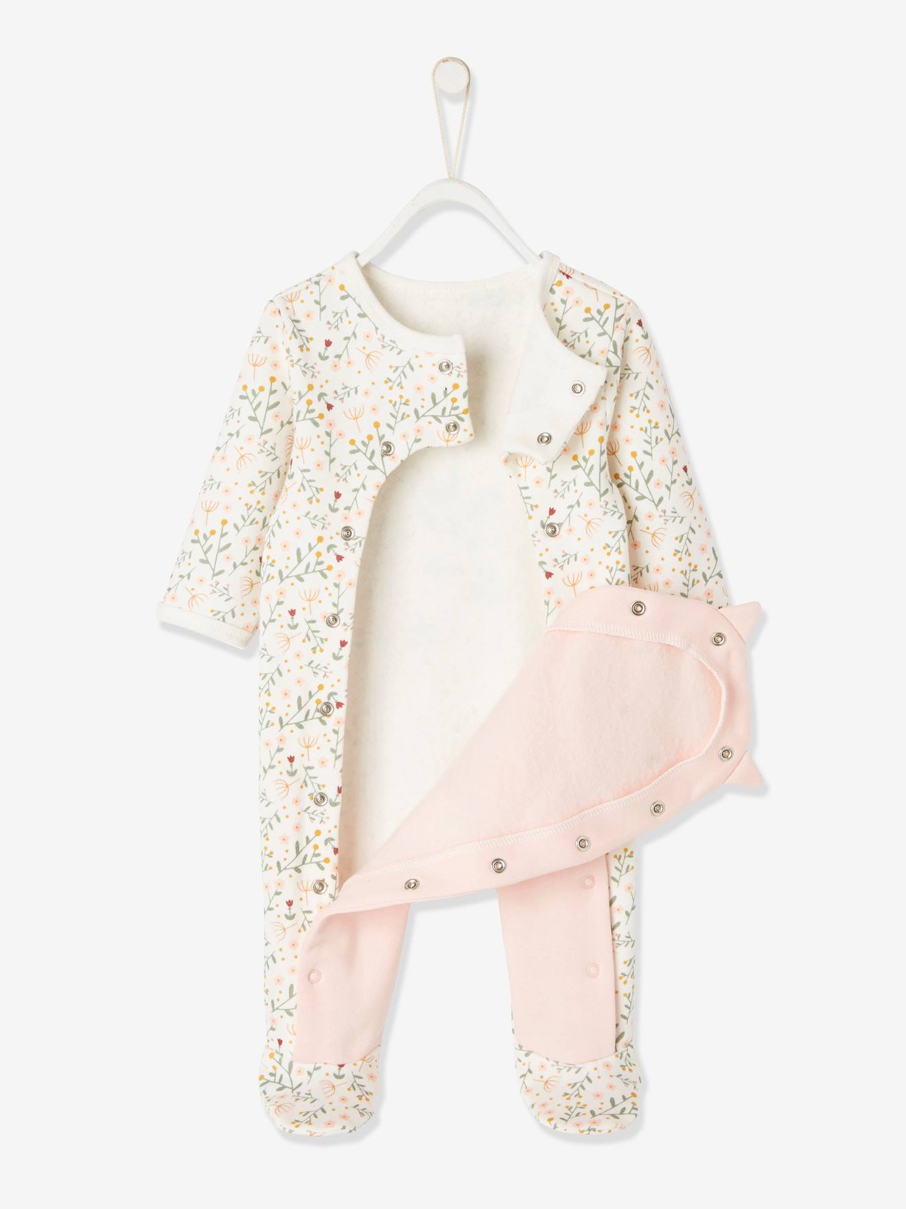 Vertbaudet Mädchen Baby Strampler mit Tiermotiv, Öffnung vorn Oeko Tex - hellbeige geblümt fuchs