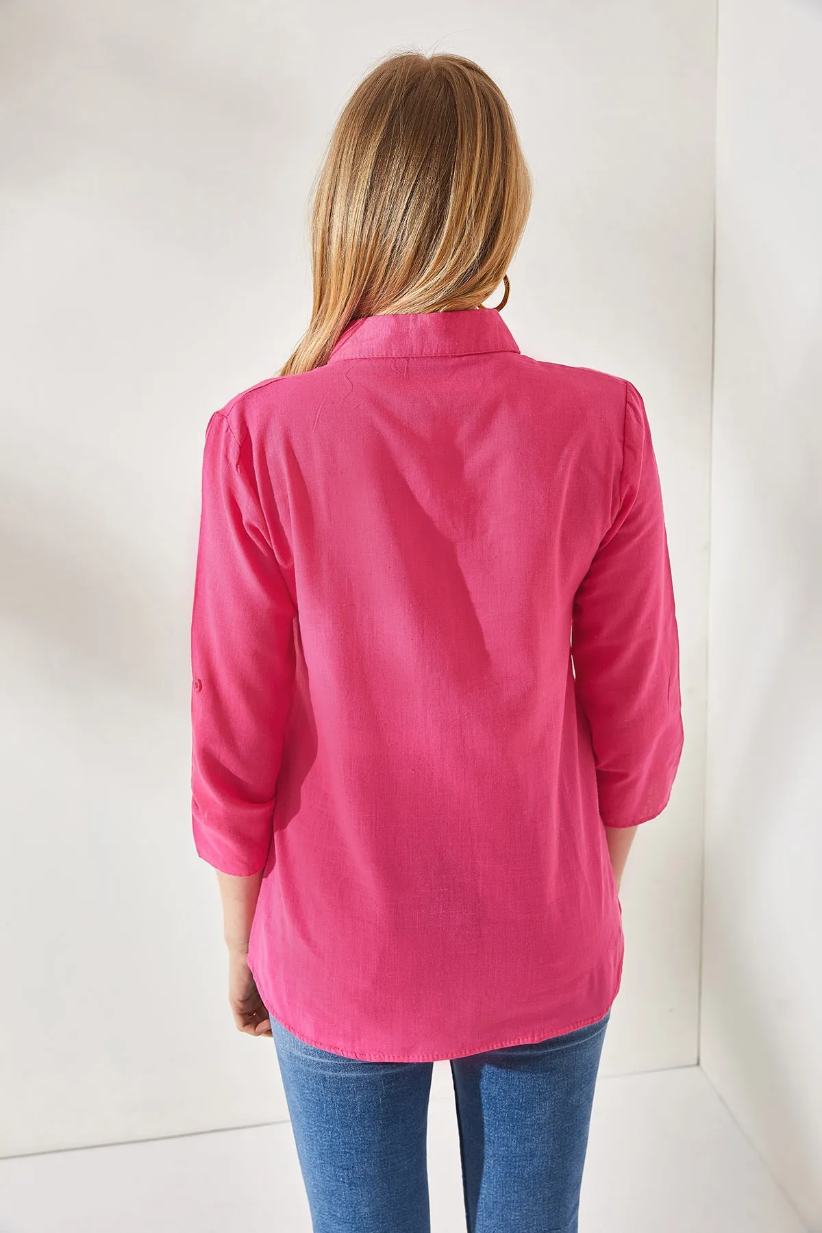 Olalook  Damen-Leinenhemd mit gefalteten Ärmeln in Fuchsie GML-19000825