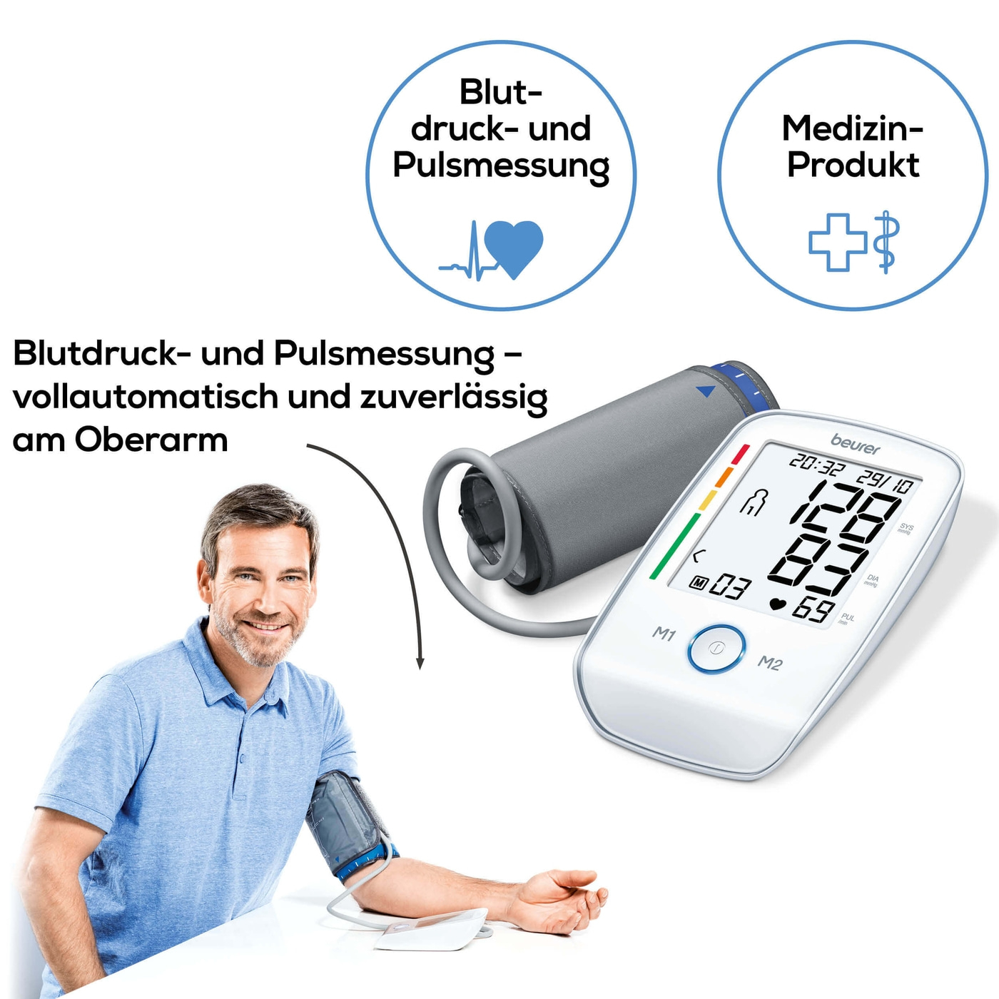 Beurer Oberam-Blutdruck-messgerät BM 45-Beleuchtetes Oberarm-Blutdruckmessgerät mit ergonomischen XL-Display