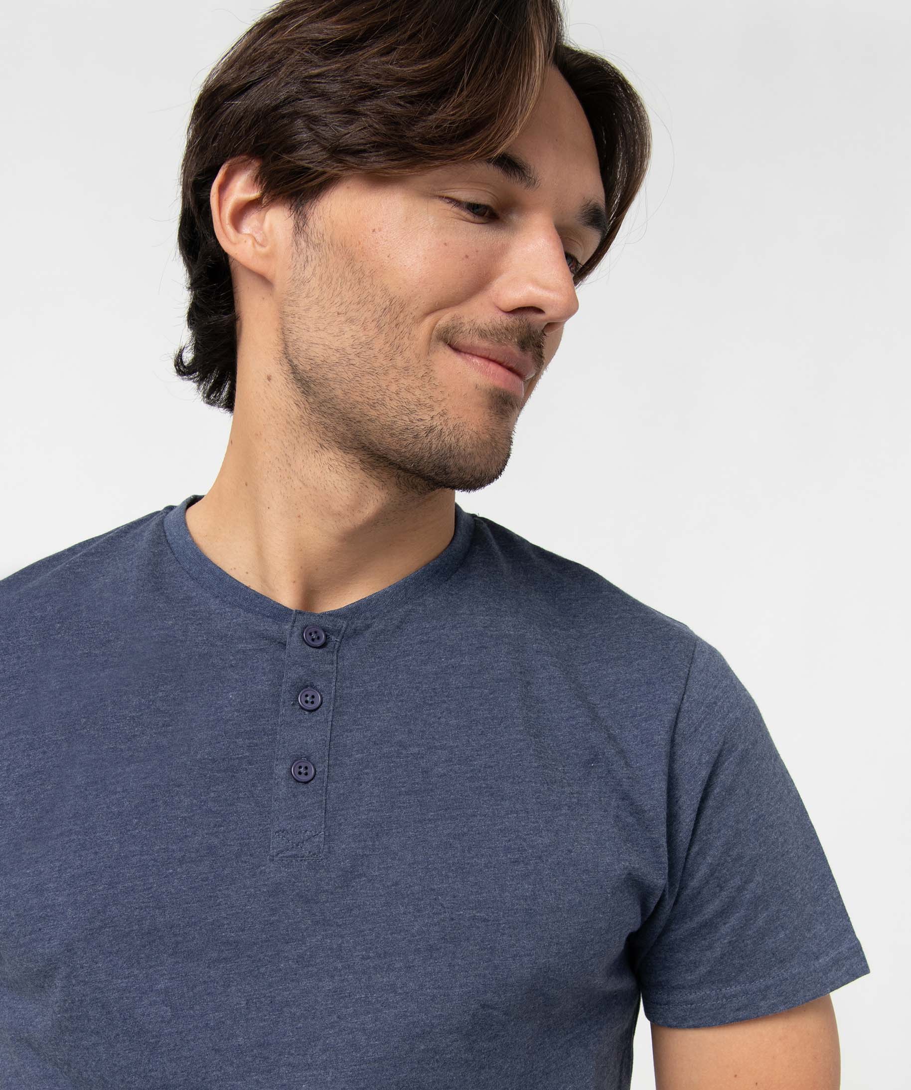 Tee-shirt homme col tunisien à manches courtes bleu | GEMO