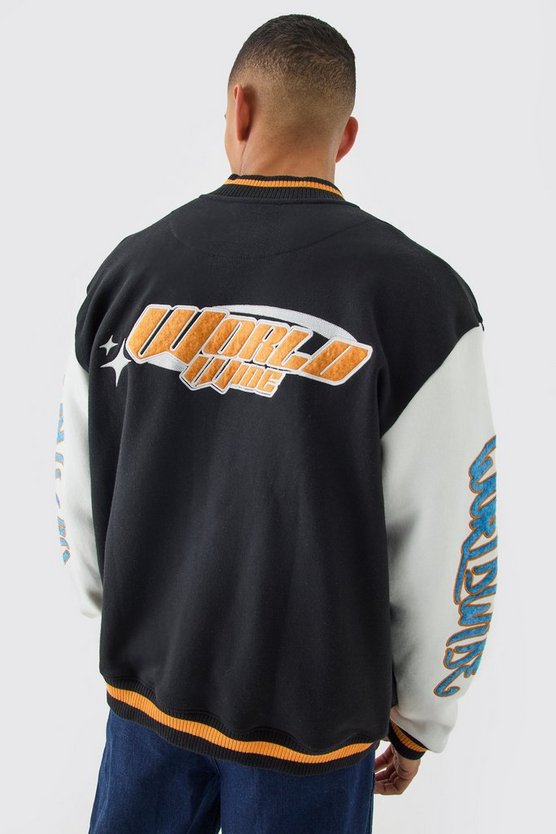 Oversized Worldwide Applique Jersey Bomber Jacket