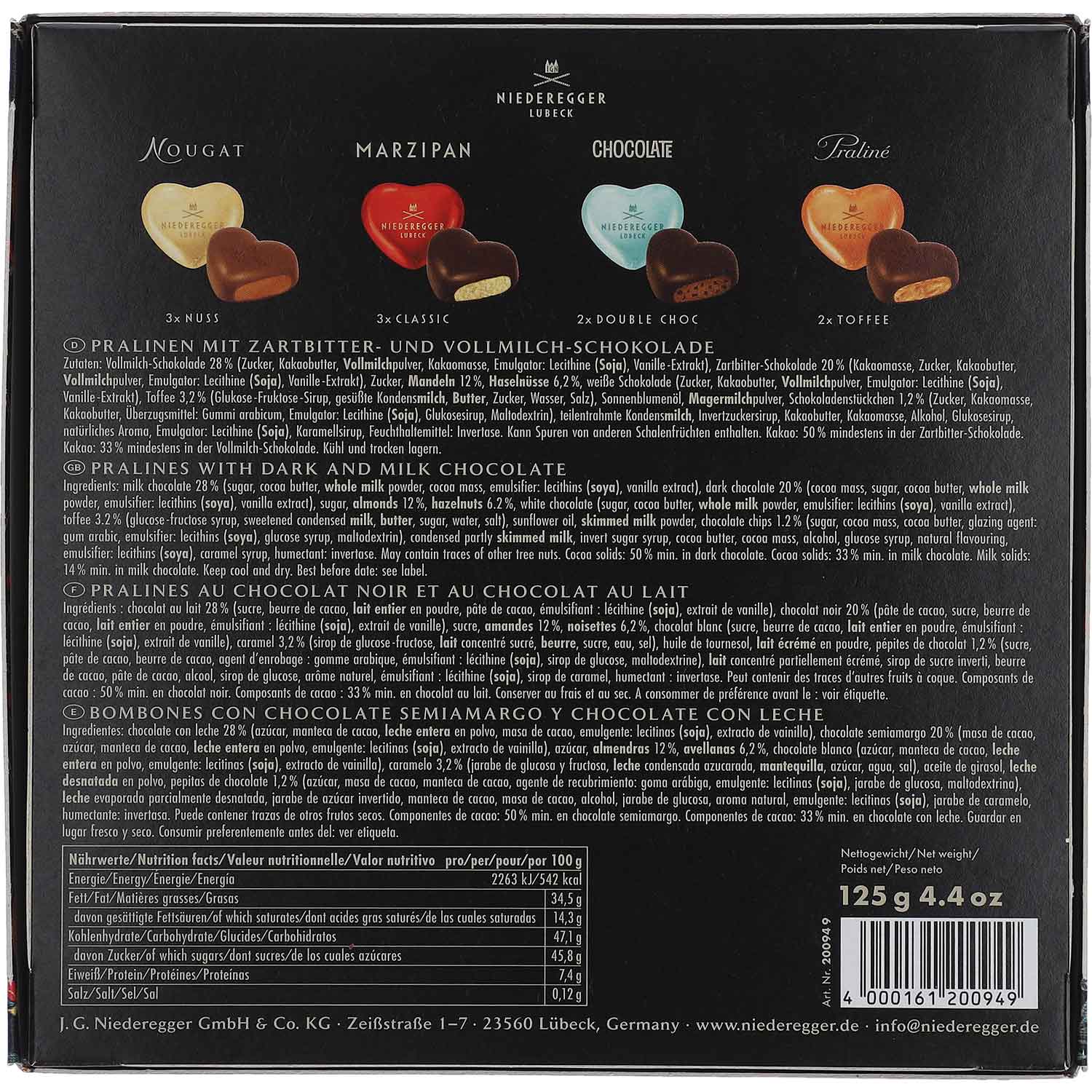 Niederegger Meisterselektion Herzen 'Dark' 125g