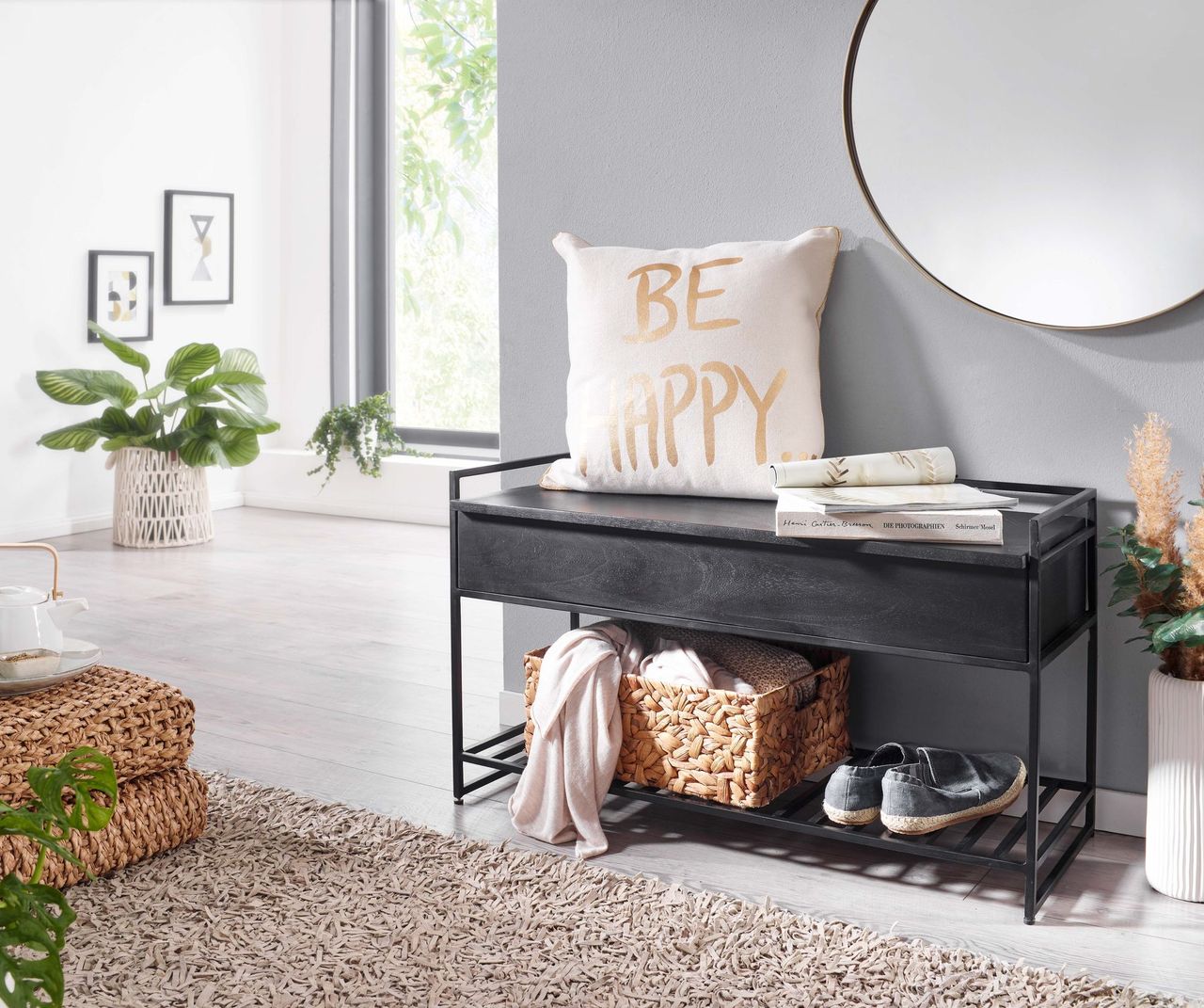 Skyport WOHNLING Sitzbank mit Stauraum Flur 90x52x38 cm Massivholz Flurbank Bank Schwarz