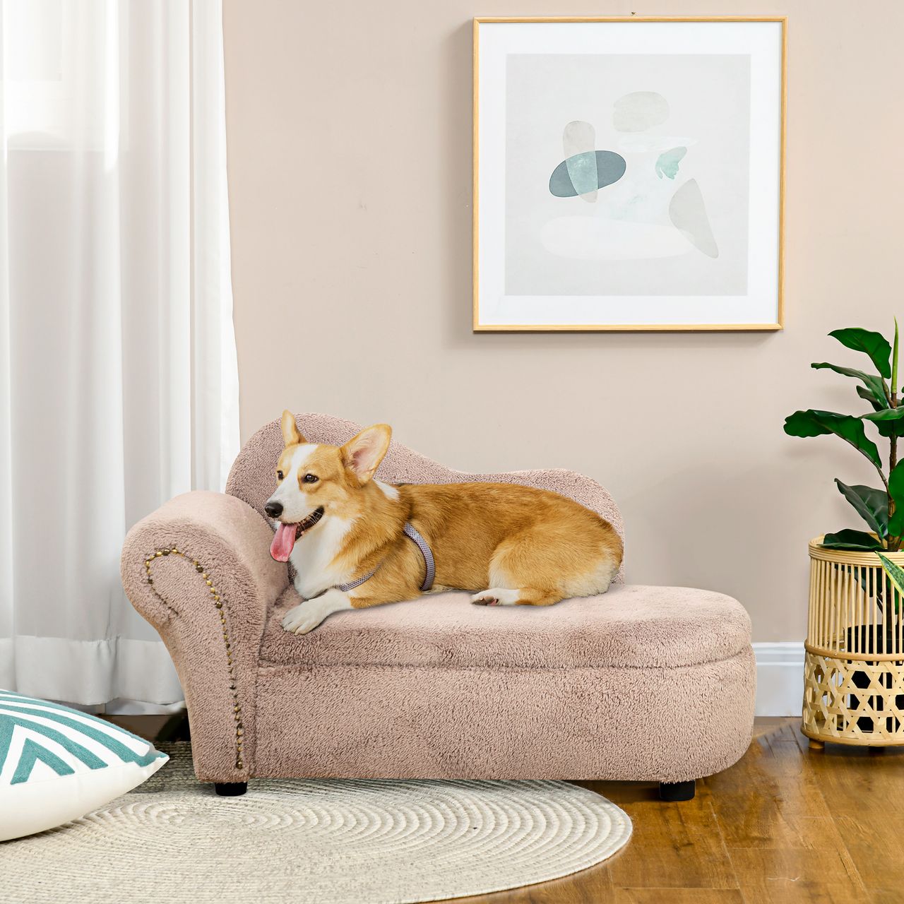 PawHut Hundesofa, Haustiersofa mit Stauraum, Hundebett in Samtoptik, Beige