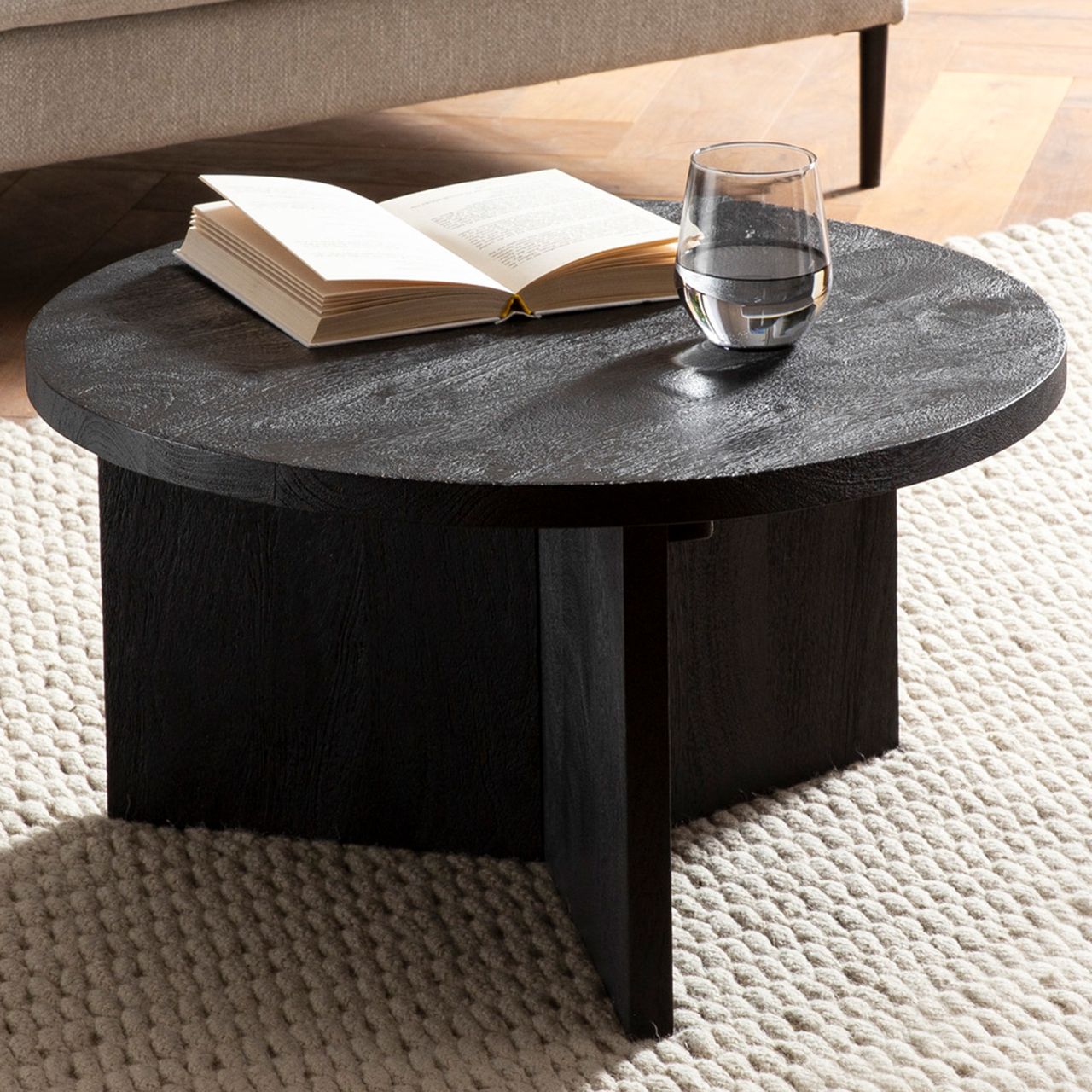 Wohnling Couchtisch Massivholz Schwarz Sofatisch 60x60x33cm Wohnzimmertisch Rund