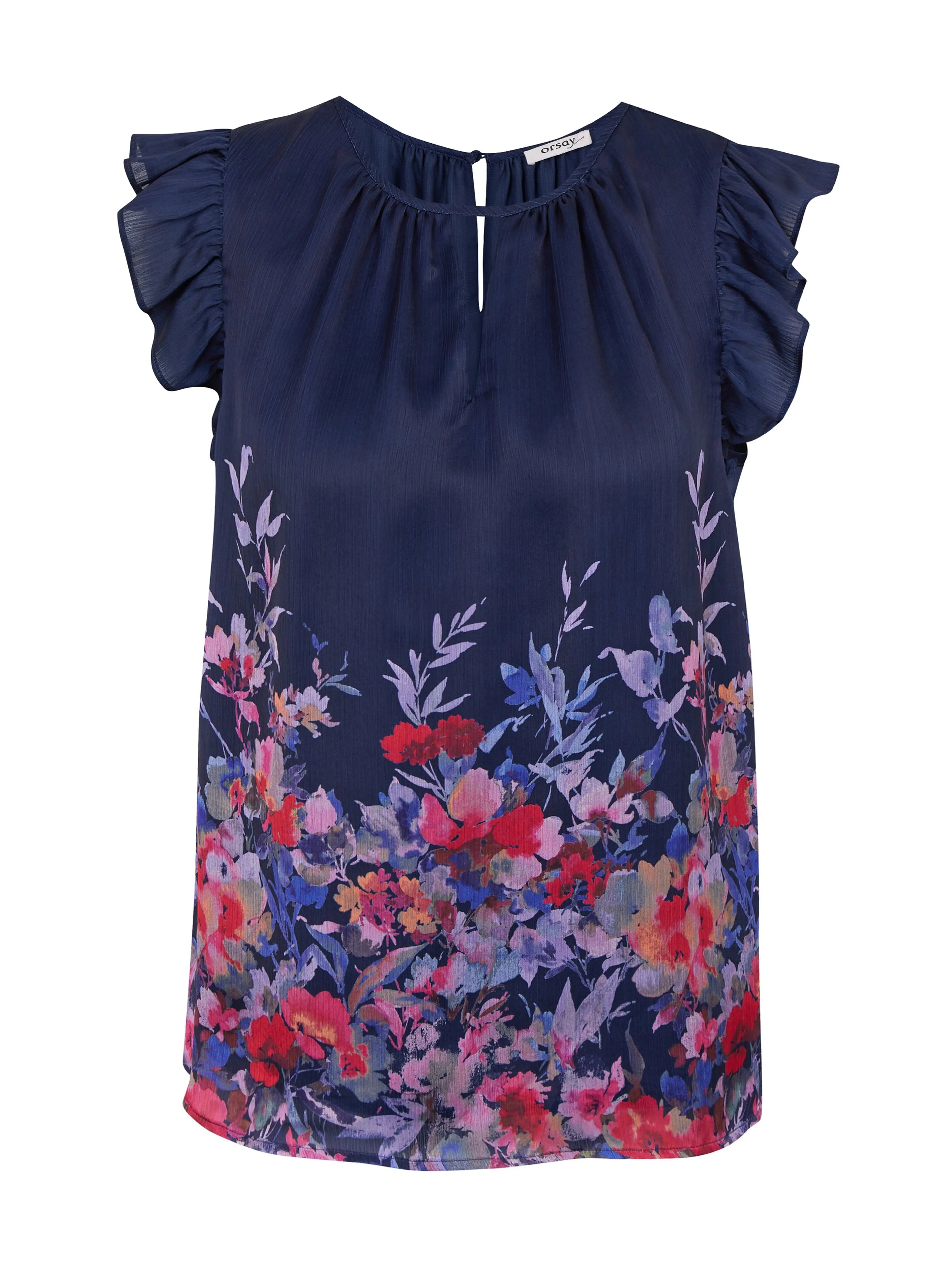 Dunkelblaue Damenbluse mit Blumenmuster und Kräuselung ORSAY