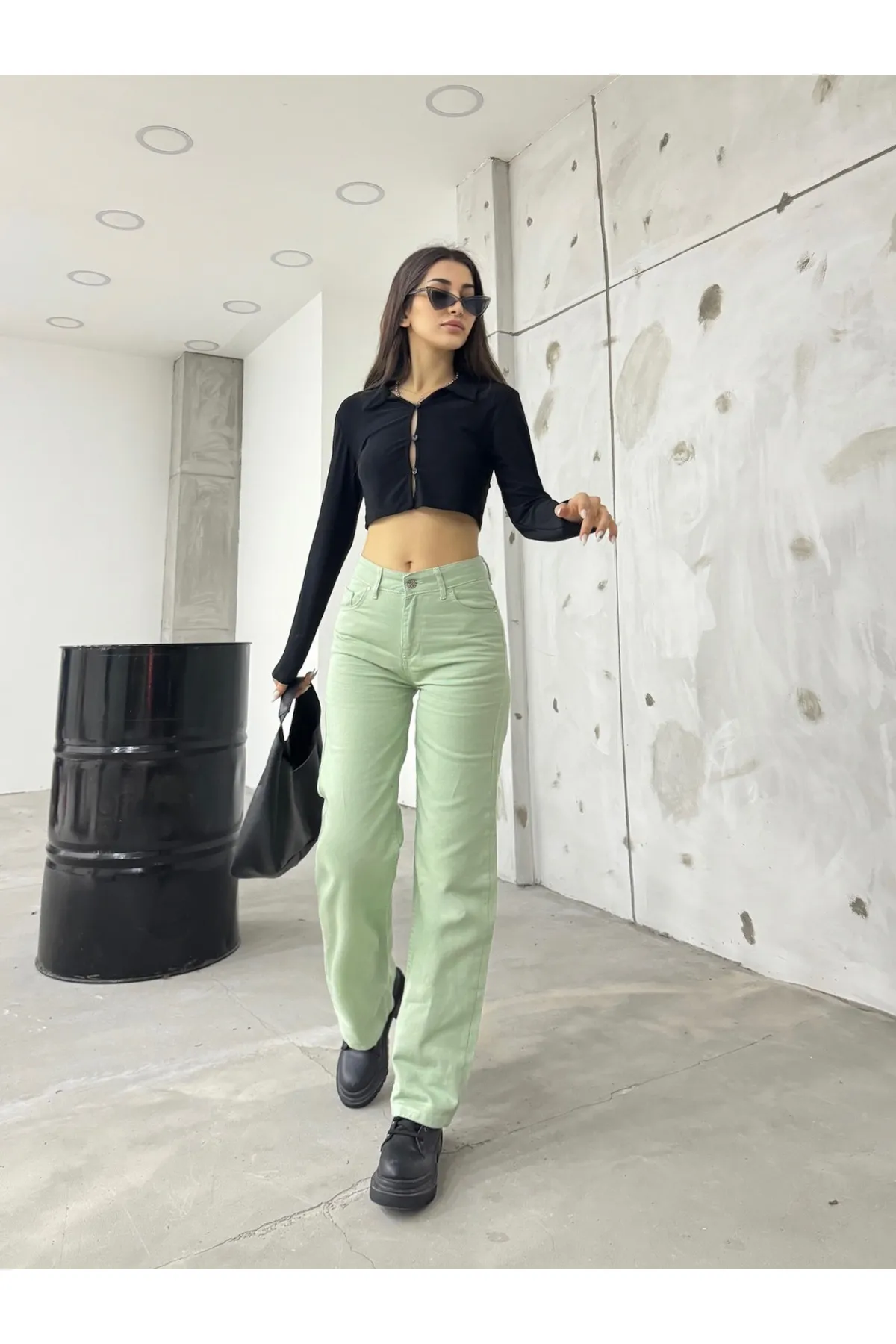 BİKELİFE  Aquagrüne Palazzo-Hose mit weitem Bein und hoher Taille für Damen