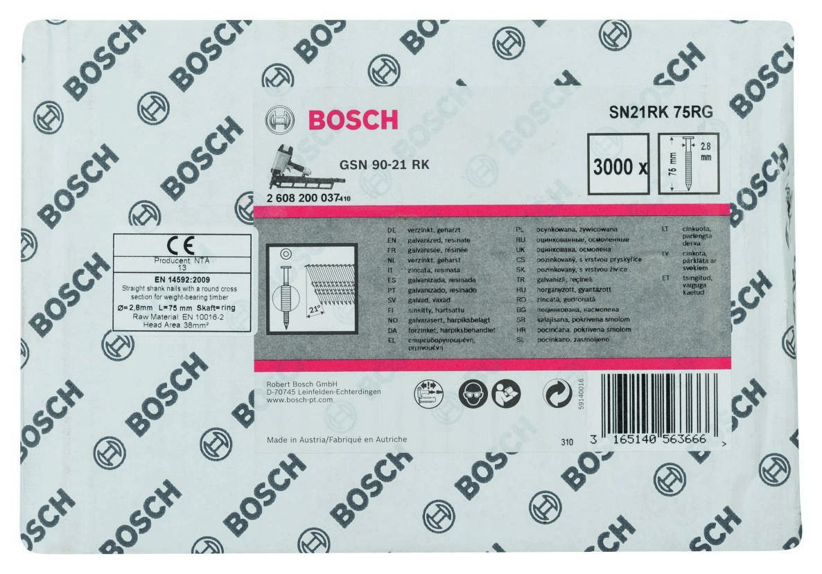 Bosch Blue Accessories 2608200037 SN21RK 75RG Strip Nail 21° Galvanized Ring 75 mm 3000 pieces