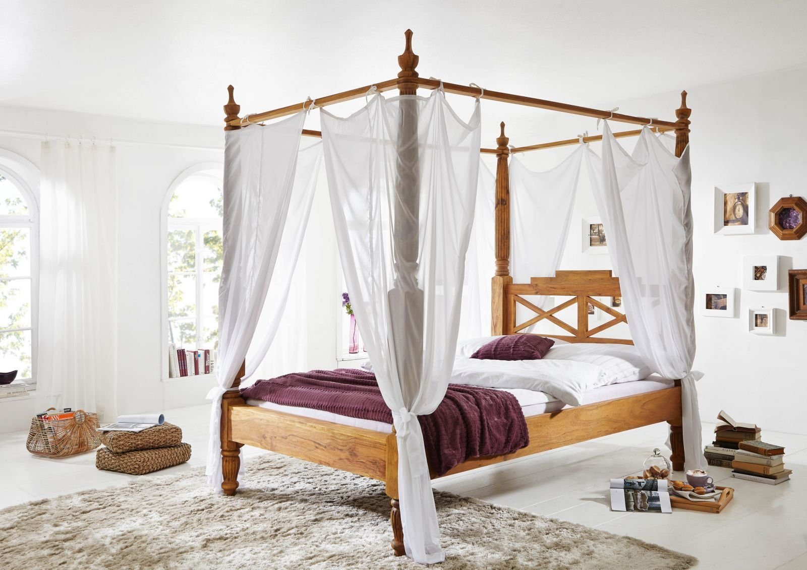 Massivmoebel24 Himmelbett Himmelbett Sheesham 160x200x224 braun geölt NATURE BROWN #531