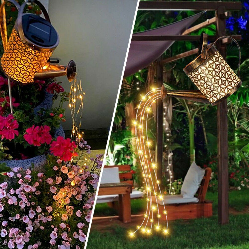 iscooter LED Solarleuchte LED Solar Außenleuchte, Gießkanne Deko-Kanne Wasserfall Außenlampe, LED fest integriert, Warmweiß, IP65, Metall Solarlampen Hängend Garten Deko Solarlaterne für außen