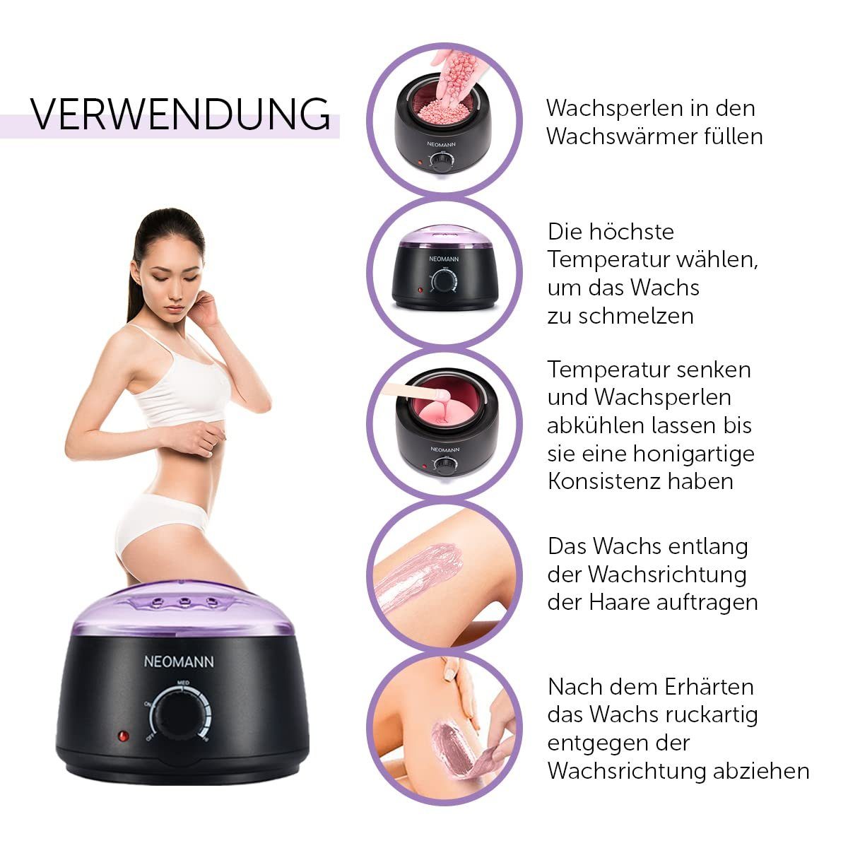 NEOMANN Körperrasierer Waxer II Waxing Set - Wax Maschine, Teflon-Beschichtung + Wachsperlen, Full Body Waxing with 300g Beads