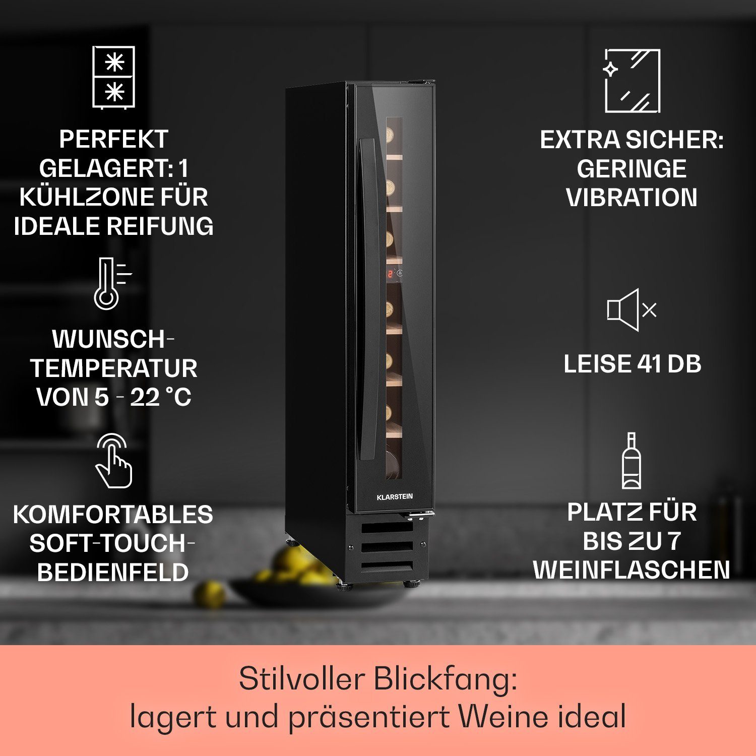 Klarstein Weinkühlschrank Vinovilla 7, für 7 Standardflaschen á 0,75l,Wein Flaschenkühlschrank Weintemperierschrank Weinschrank Kühlschrank