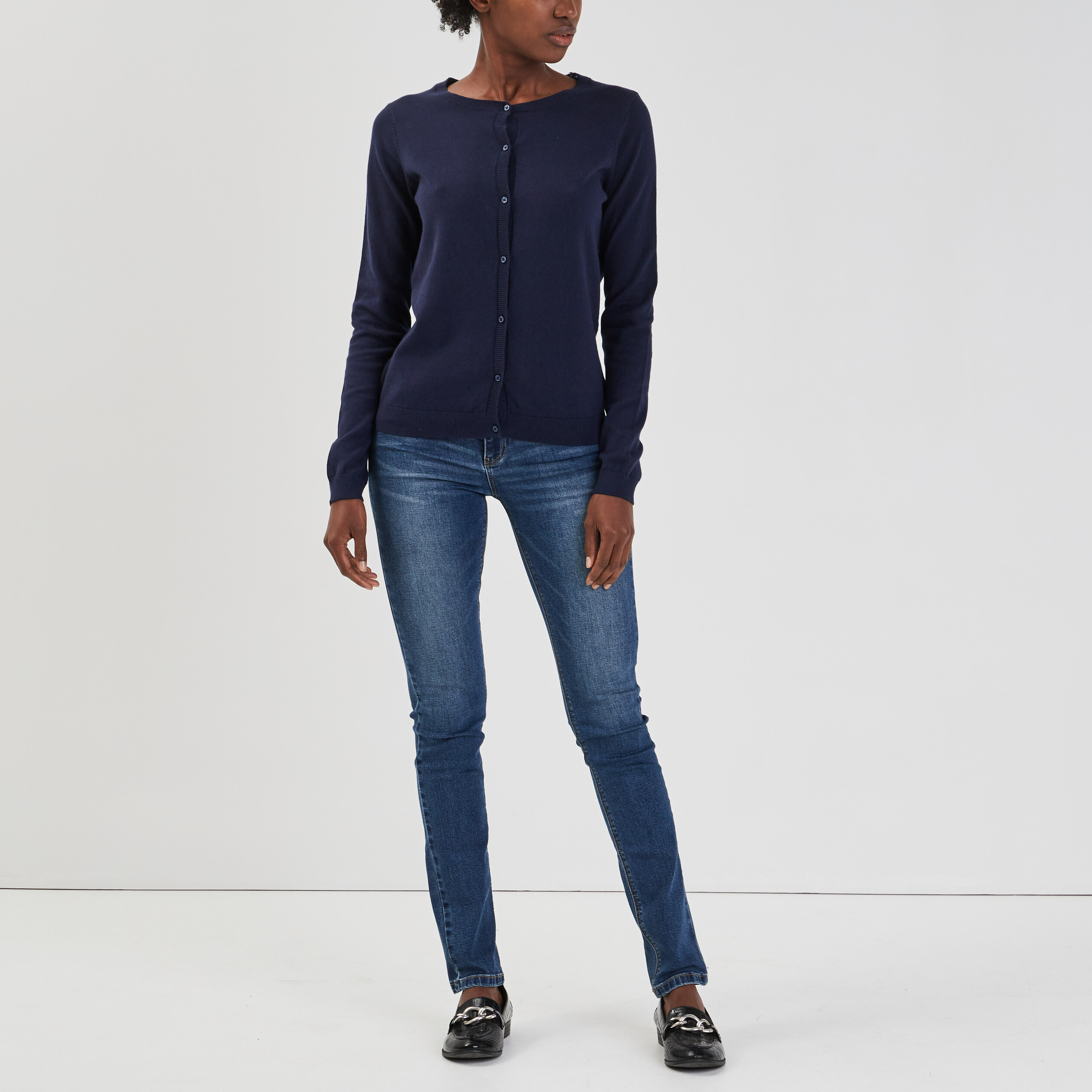 Gilet manches longues boutonné bleu marine femme | La Halle