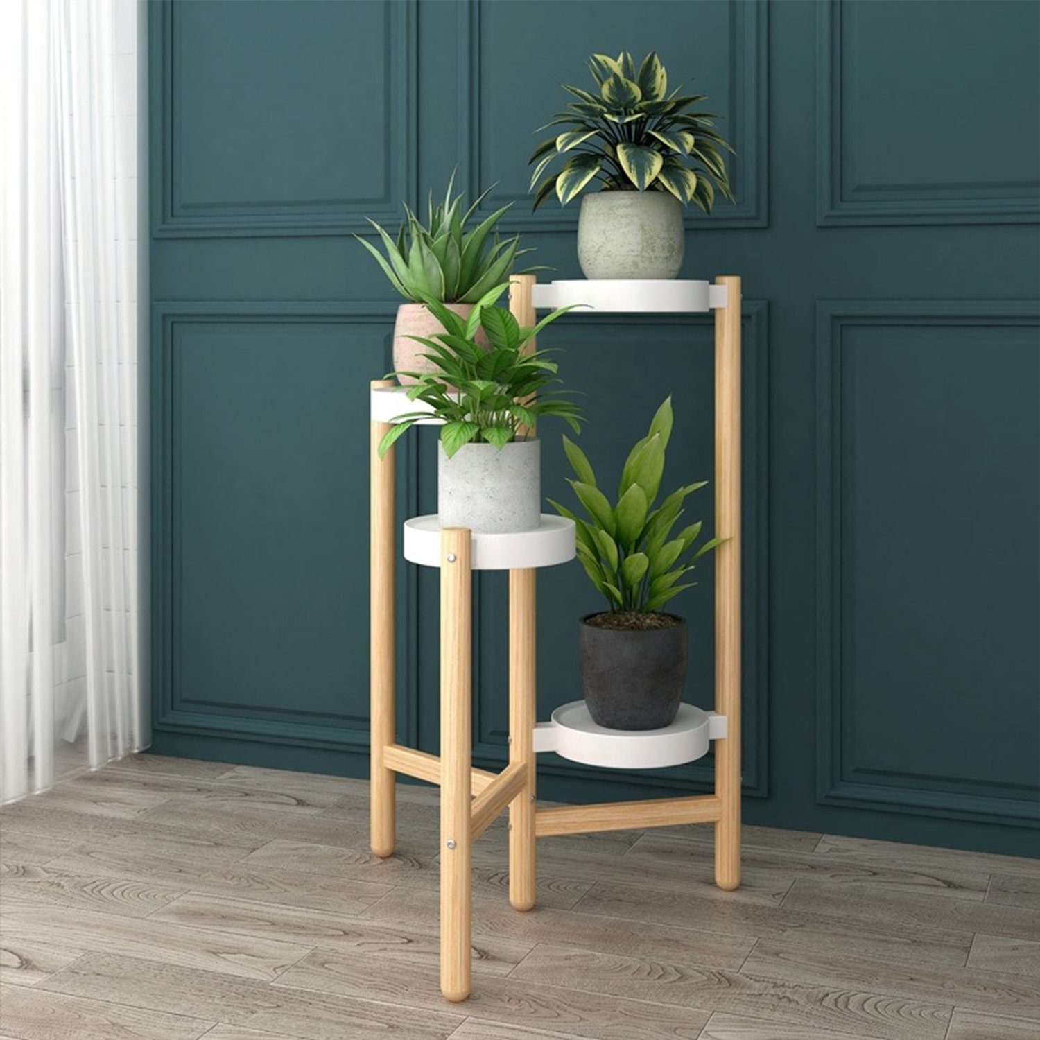 Kpaloft Blumenständer Holz 4 Ebenen Pflanzenregal rund, 78cm Höhe, 18 cm breite PP-Schale, Blumenhocker für den Garten, Wohnzimmer, Schlafzimmer, Terrasse