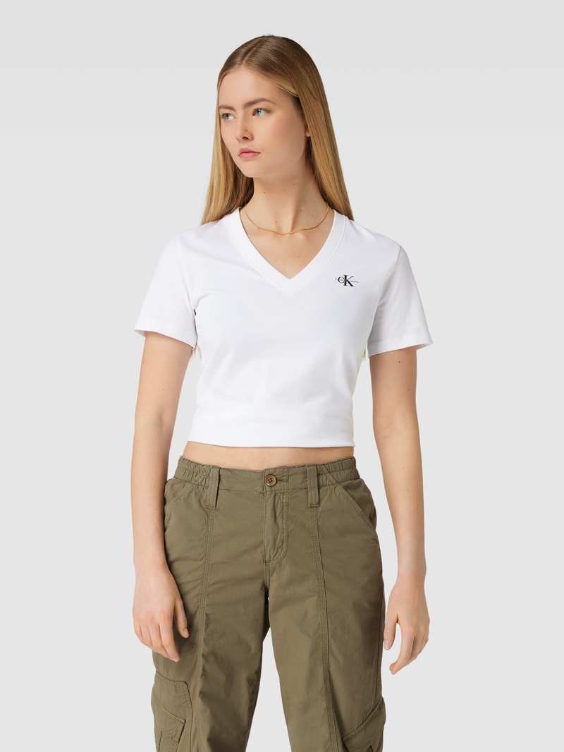 T-Shirt mit V-Ausschnitt Modell 'MICRO MONOLOGO' in weiss