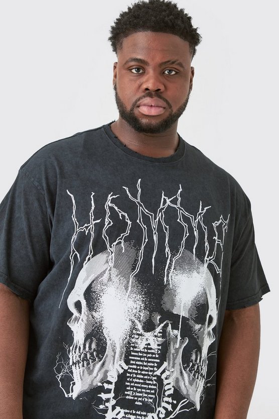 Plus zerrissenes Oversize T-Shirt mit Acid-Waschung und Gothic-Print