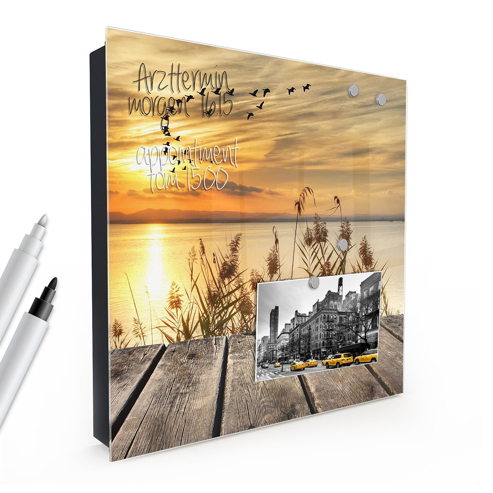 Primedeco Schlüsselkasten Dekor-Schlüsselkasten, Magnetpinnwand und Memoboard mit Glasfront Motiv Steg am Meer im Sonnenschein