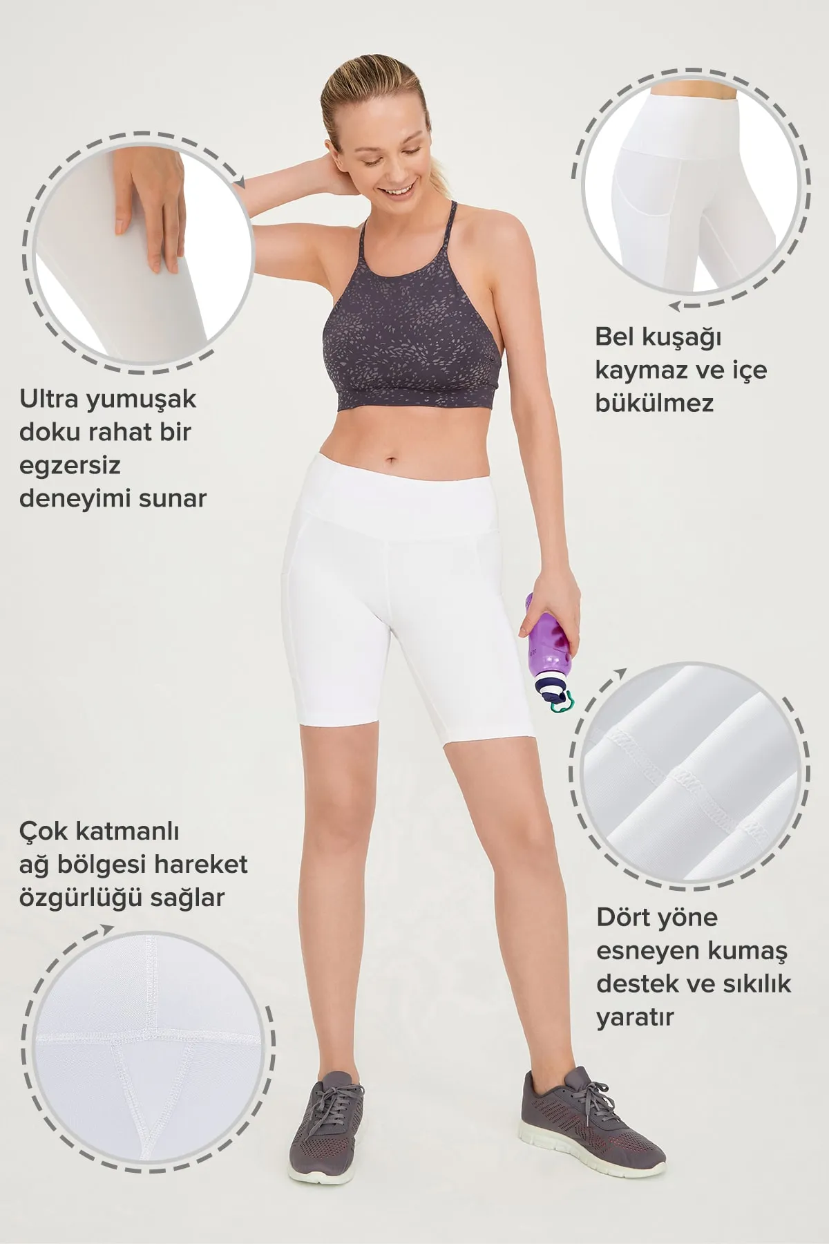 LOS OJOS  Weiße Damen-Kompressor-Bikershorts mit hoher Taille und doppelter Tasche, kurze Sportstrumpfhose