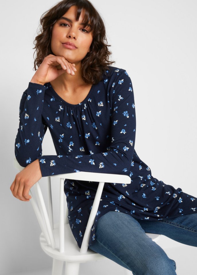 Bedrucktes Zipfel-Shirt mit V-Ausschnitt