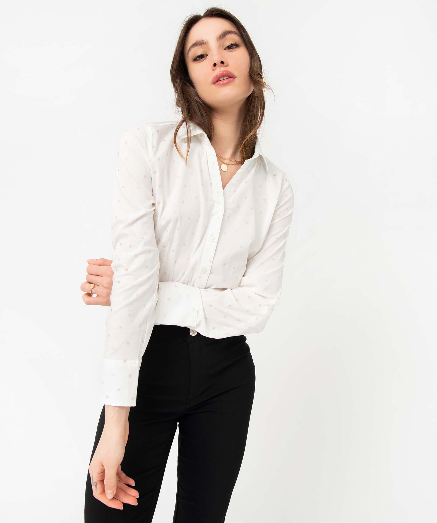 Chemise femme à motifs pailletés avec manches retroussables ecru | GEMO