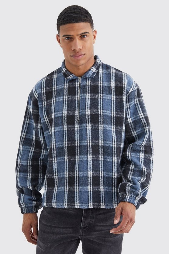 Kastiges kariertes Fleece-Overshirt mit Reißverschluss