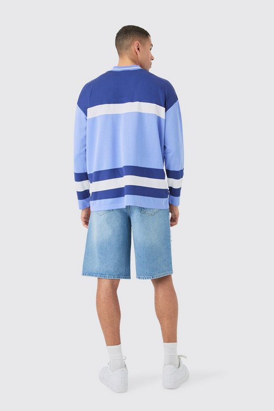 Langärmliges Colorblock Mesh T-Shirt mit V-Ausschnitt