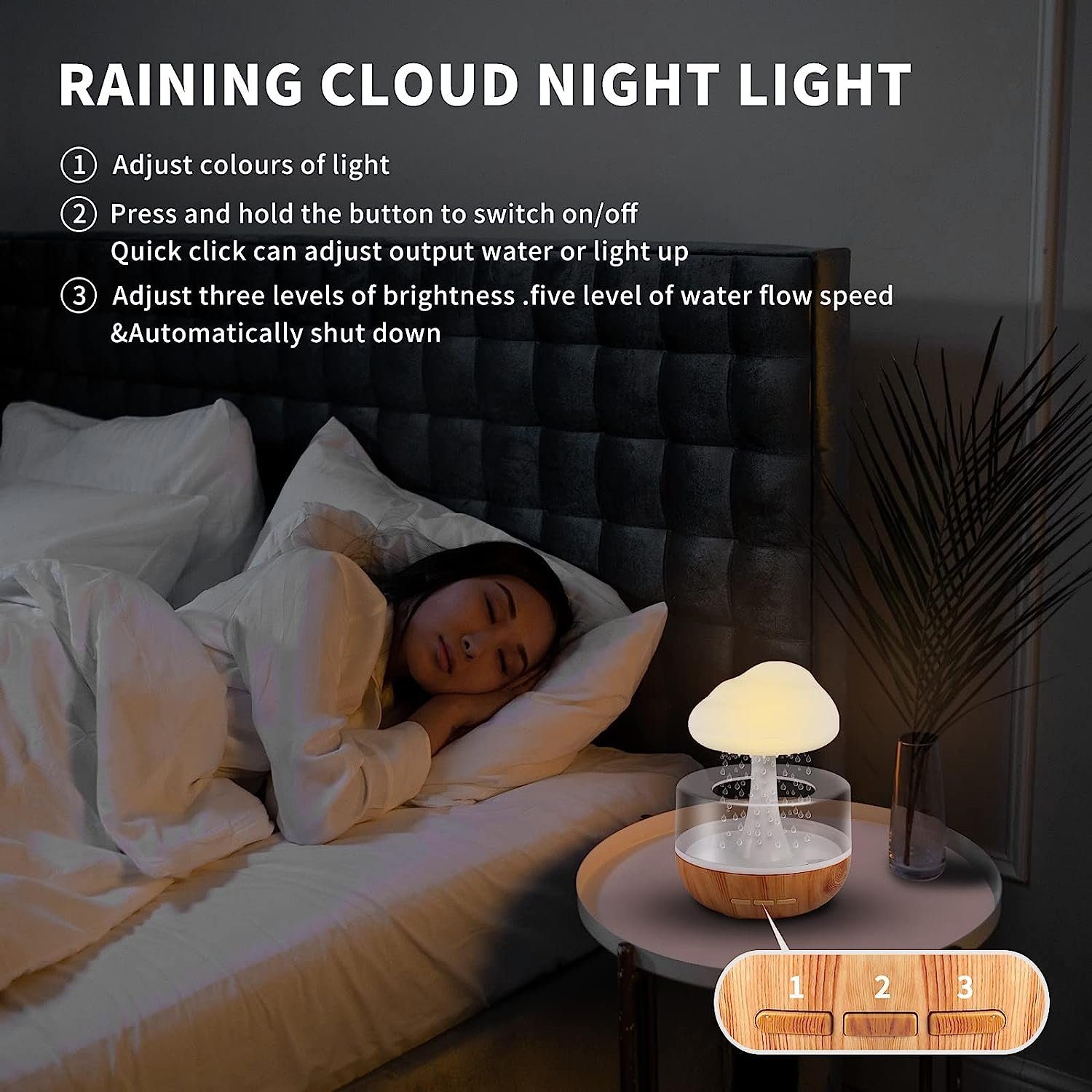 Hikeren Luftbefeuchter Zen Regenwolken-Nachtlicht, Aromatherapie Luftbefeuchter, 0,26 l Wassertank, 7 Lichtfarben, 3 Regentropfengeschwindigkeiten