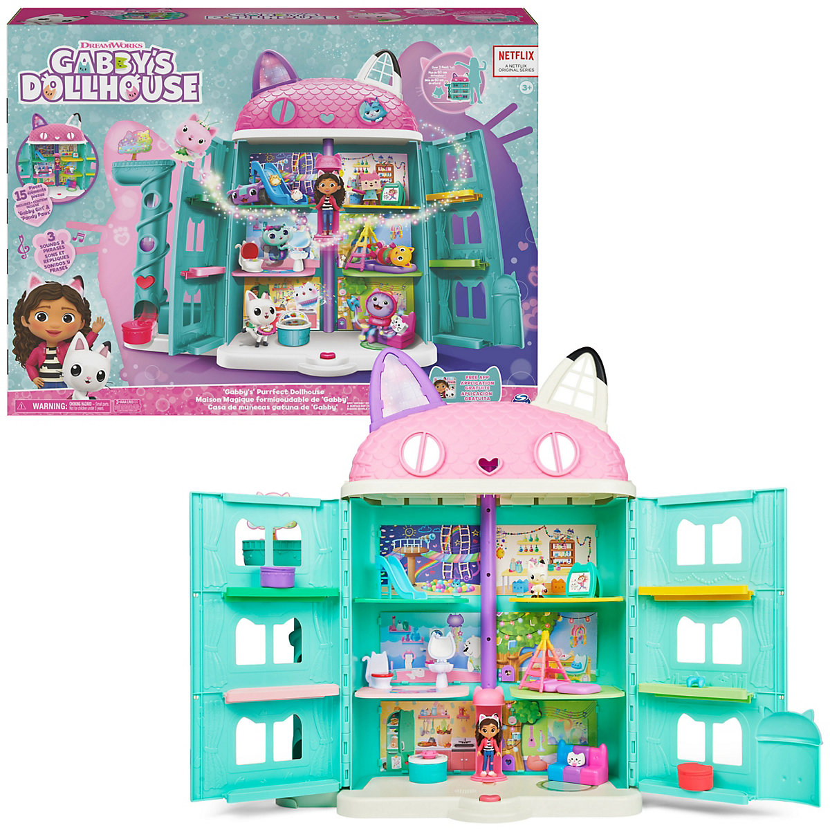 Gabby‘s Dollhouse, Puppenhaus mit 2 Spielzeugfiguren, 8 Möbelstücken, 3 Zubehörteilen, 2 Überraschungsboxen und Geräuschen, geeignet für Kinder ab 3 Jahren